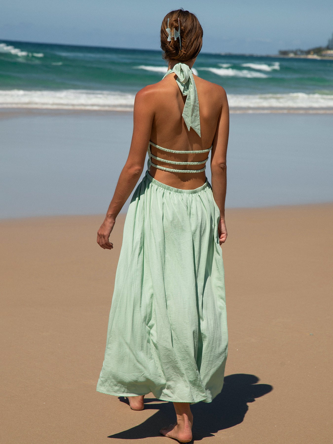 light green maxi dress Berlook Linen-Look Tie-Front Smocked Halter Maxi Dress, Light Green / L