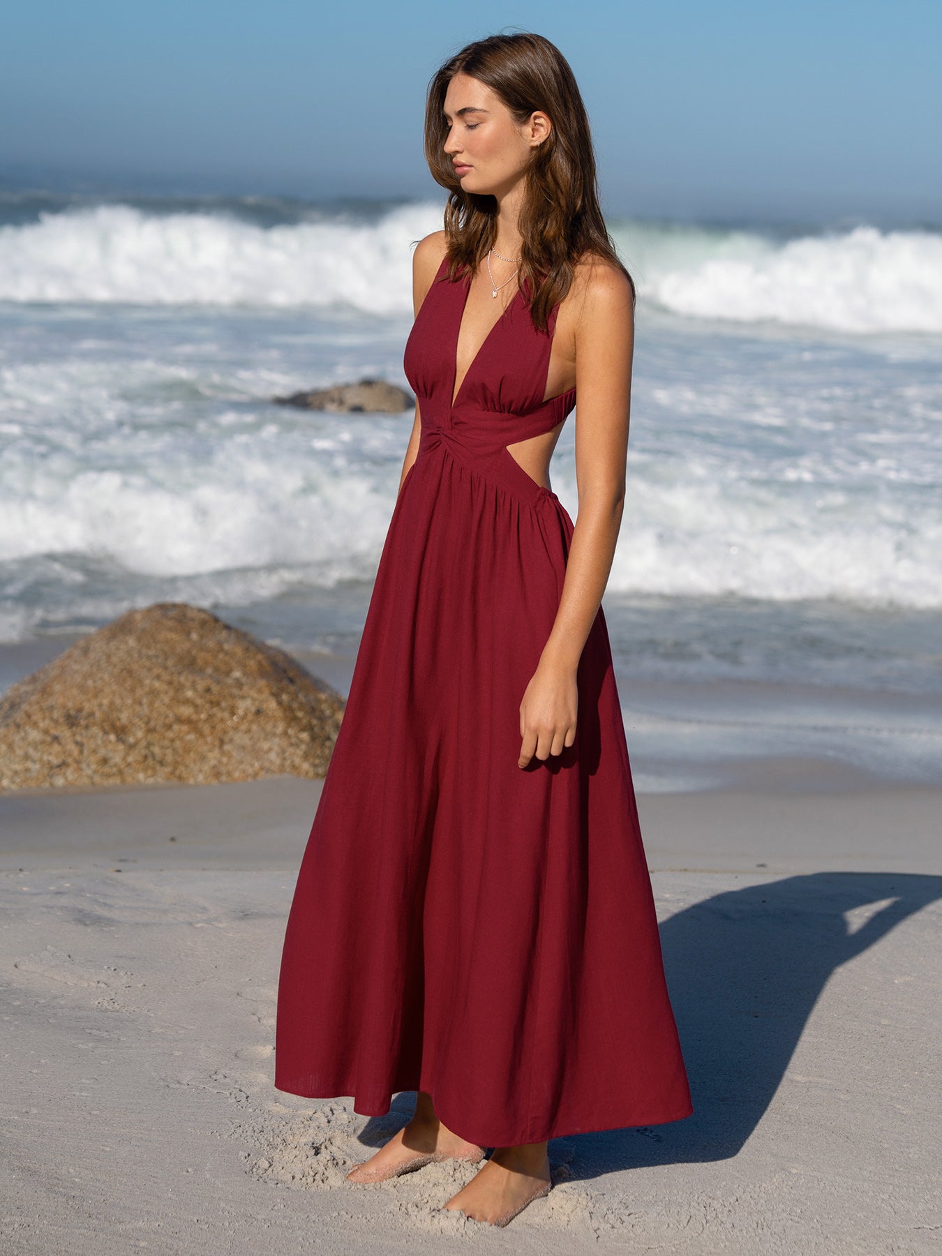 Berlook Plunge Cutout Twist Front Open Back Maxi Beach Dress, Wine Red / XS Berlook Plunge Cutout Twist Front Open Back Maxi Beach Dress, Wine Red / XS