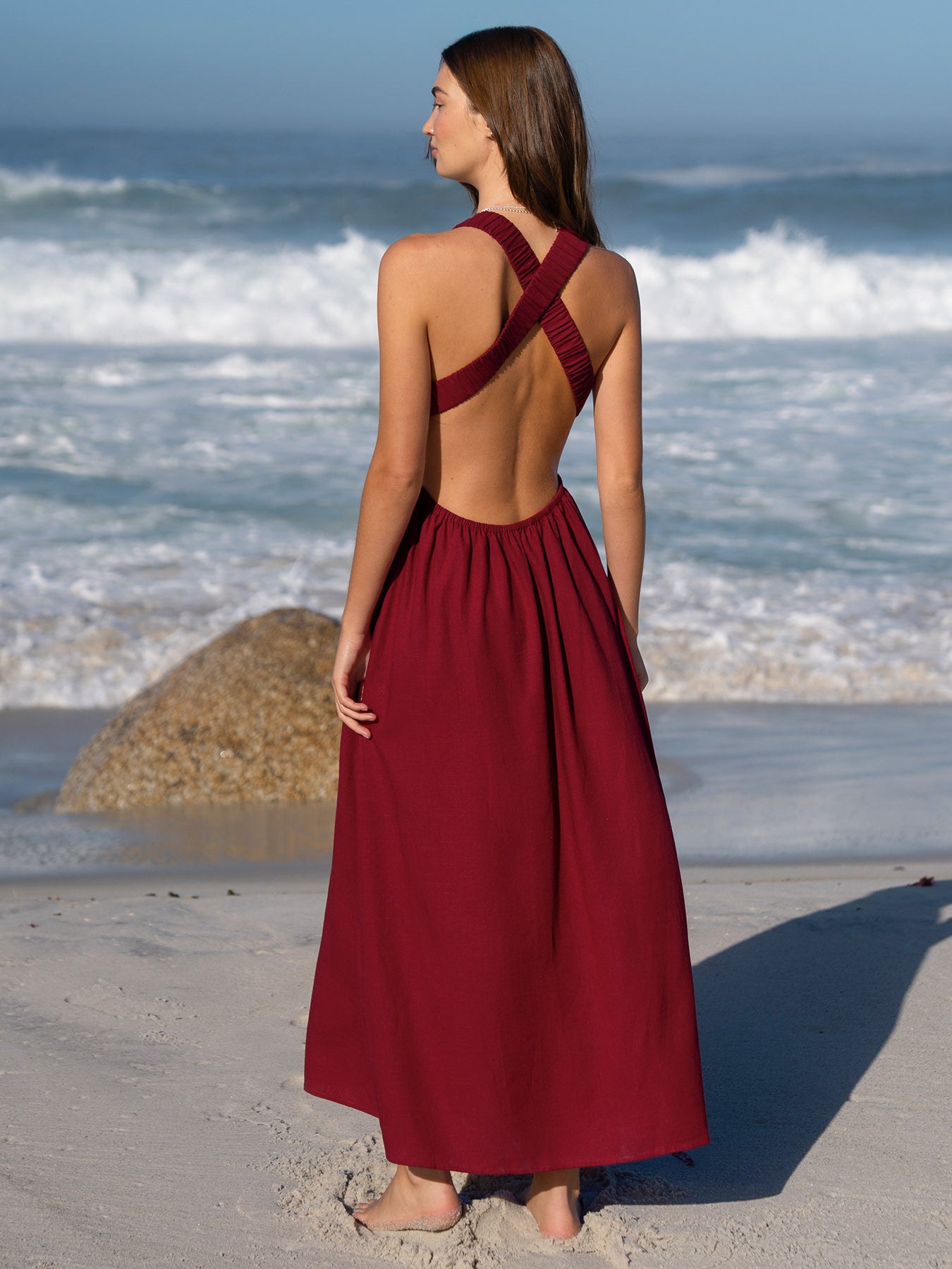 Berlook Plunge Cutout Twist Front Open Back Maxi Beach Dress, Wine Red / XS Berlook Plunge Cutout Twist Front Open Back Maxi Beach Dress, Wine Red / XS