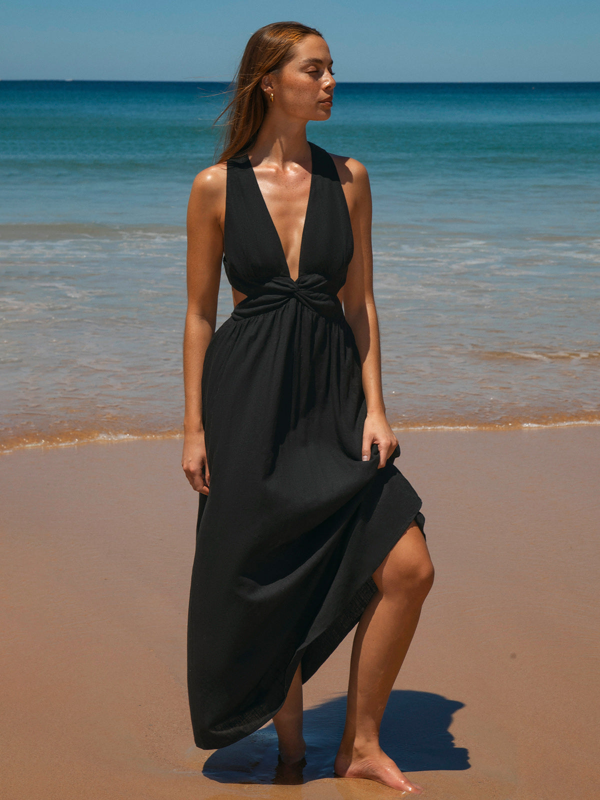 Black V Neck Plaeted Beach Dress & Reviews - Black - Sustainable Beach Dress