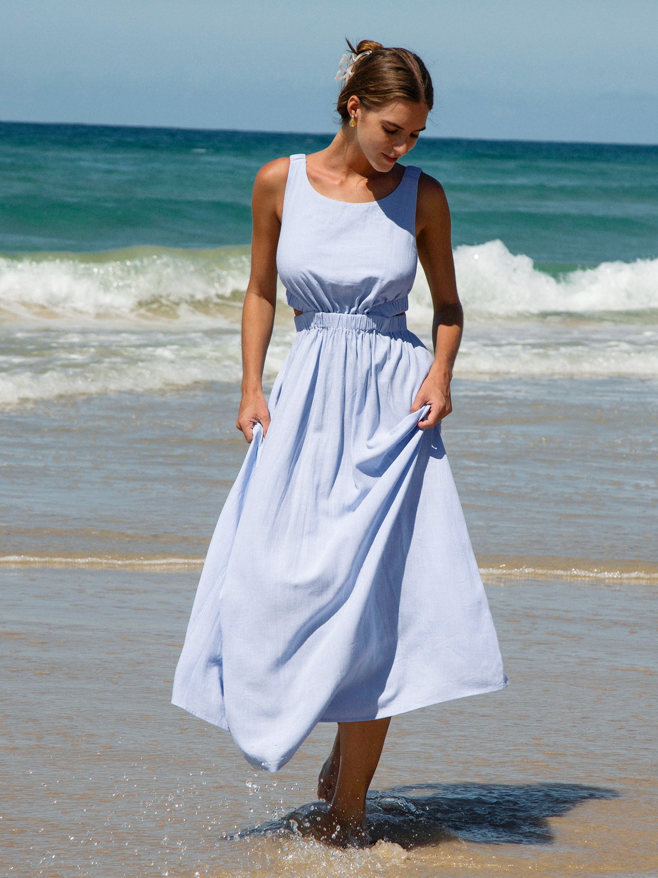 Pale Blue Smocked Strap Cutout Waist Beach Dress & Reviews
