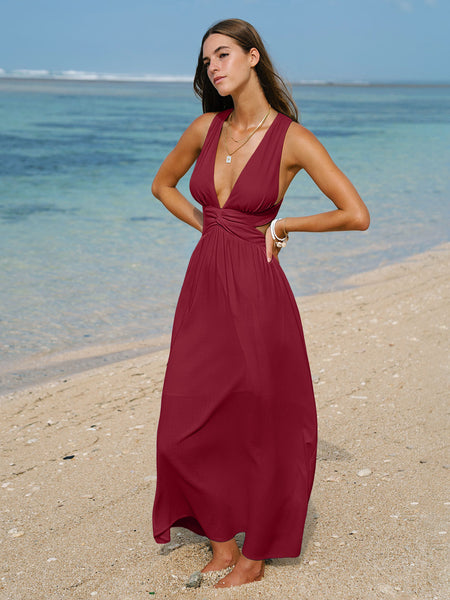 wine red maxi dress V Neck Plaeted Beach & Reviews - Wine Red - Sustainable Beach Dress No TOP 10 BEST Prom Maxi Length Size:FULL