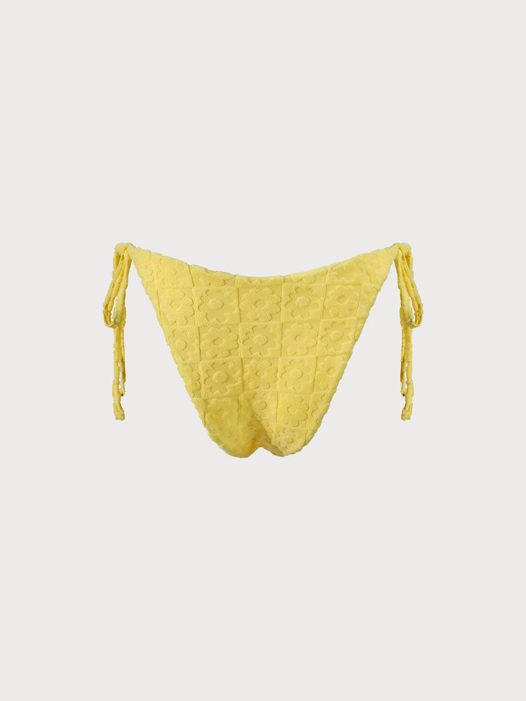 Yellow Floral Jacquar Tie Bikini Bottom Sustainable Bikinis - BERLOOK