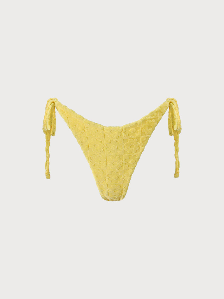 Yellow Floral Jacquar Tie Bikini Bottom Sustainable Bikinis - BERLOOK