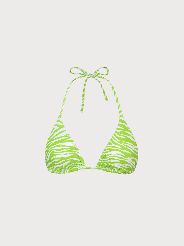 Zebra Print Halter Triangle Bikini Top Light Green Sustainable Bikinis - BERLOOK
