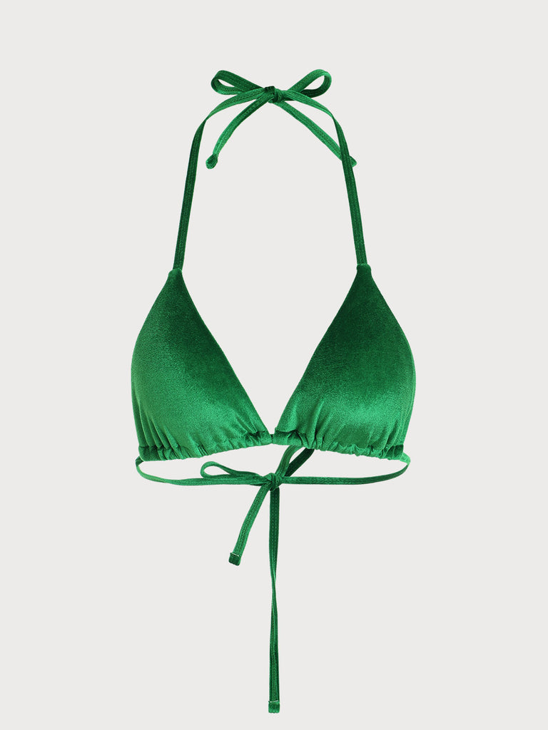 BERLOOK - Sustainable Bikini Tops _ Green / XS Drawstring Hem Velvet Bikini Top
