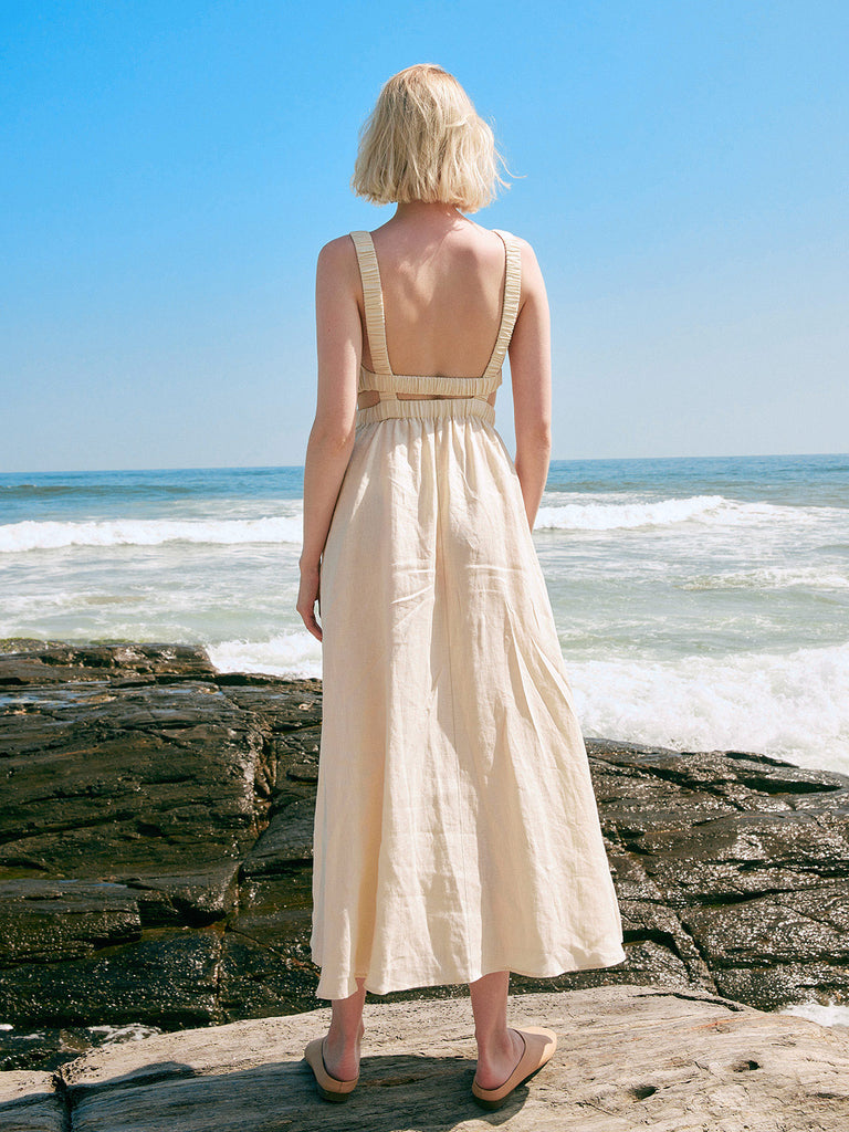 BERLOOK - Sustainable Maxi Dresses _ Beige / S Backless Cutout Linen Maxi Dress