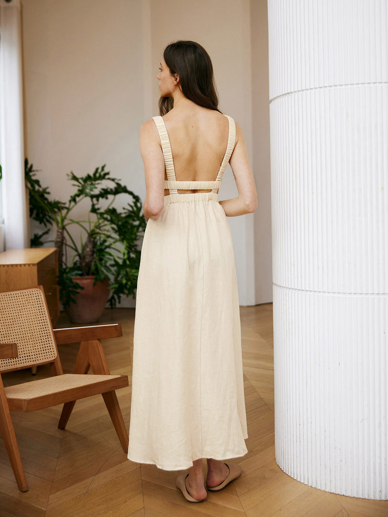 BERLOOK - Sustainable Maxi Dresses _ Beige / S Backless Cutout Linen Maxi Dress