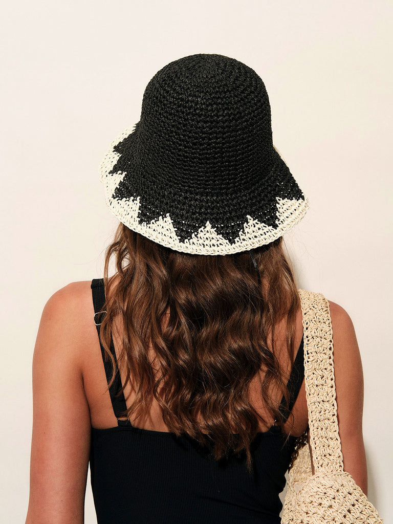Color Block Geometric Pattern Straw Hat Black Sustainable Hats - BERLOOK