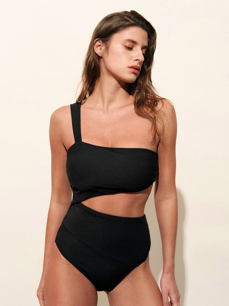 Black One Shoulder Cut Out One-Piece Swimsuit