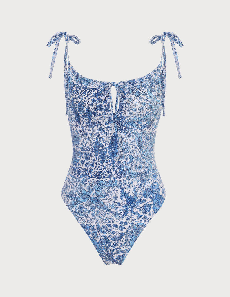 Blue Retro Floral Drawstring Ruched One-Piece Swimsuit Blue Sustainable One-Pieces - BERLOOK