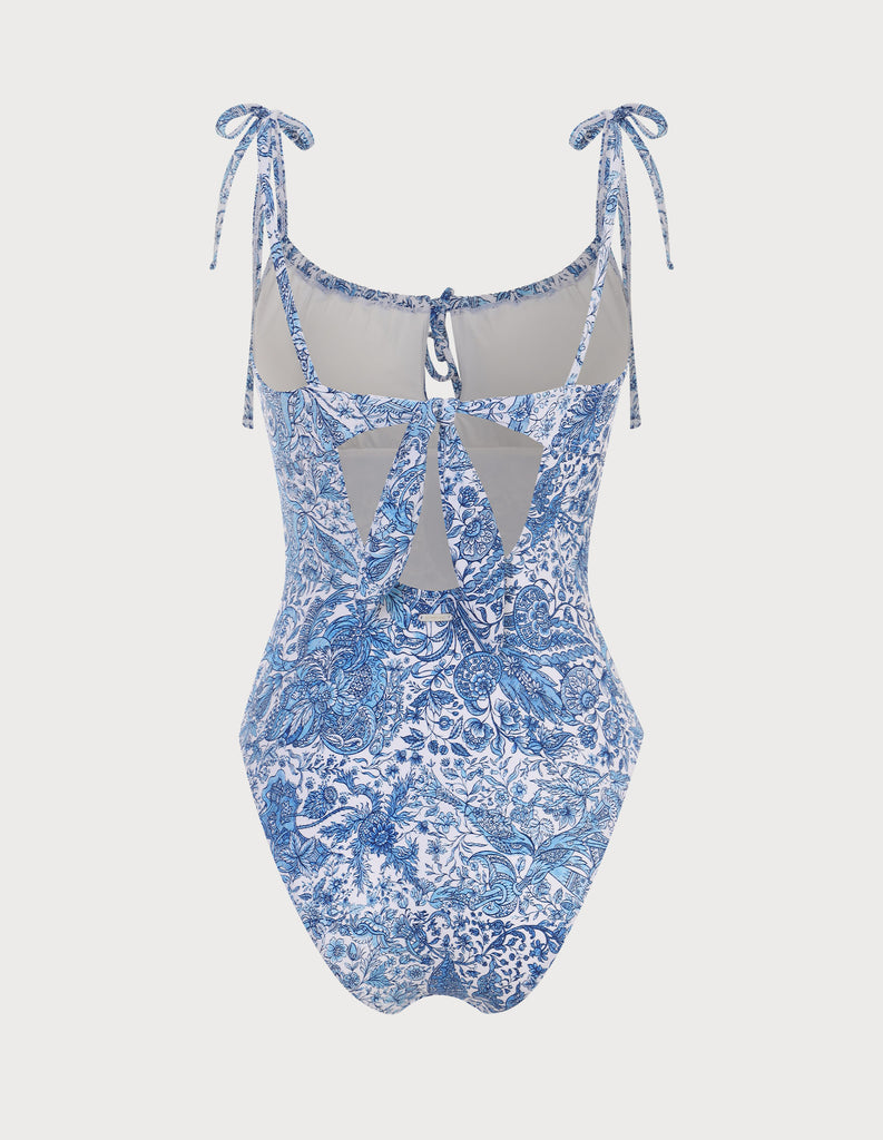 Blue Retro Floral Drawstring Ruched One-Piece Swimsuit Sustainable One-Pieces - BERLOOK