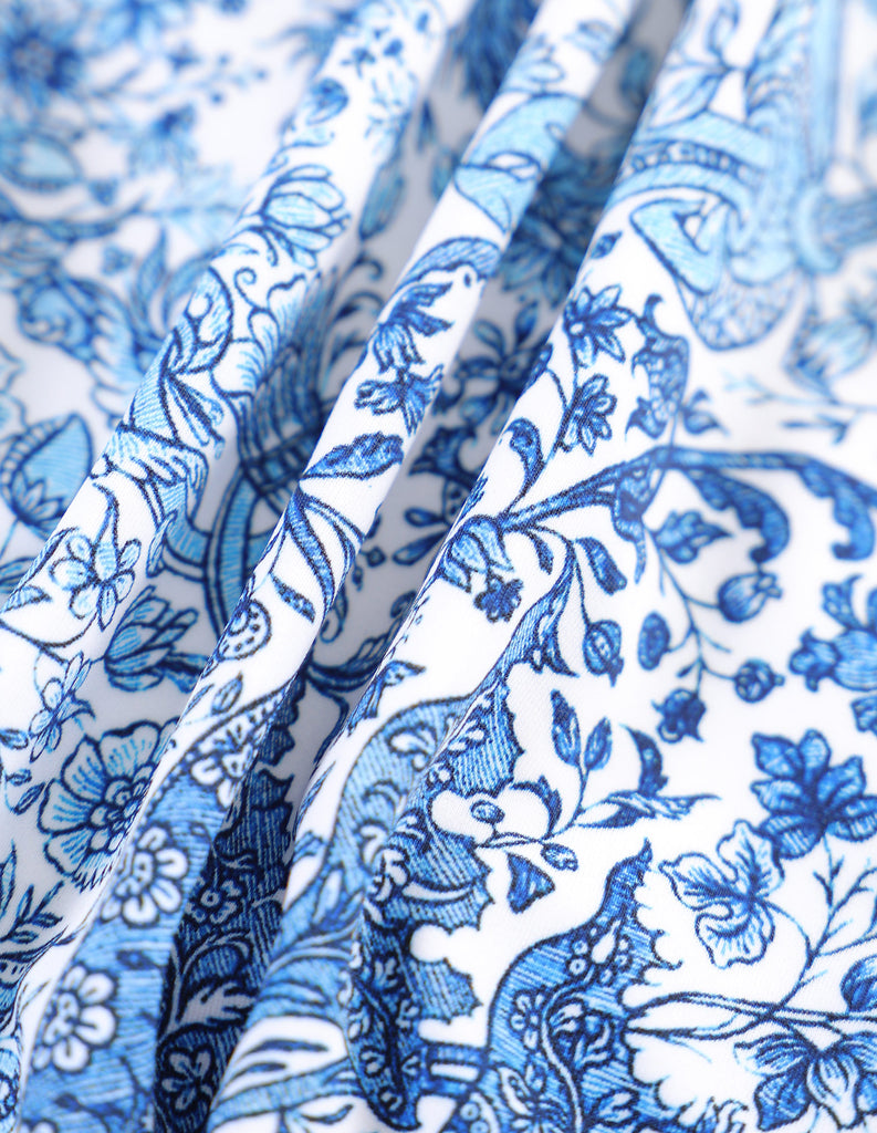 Blue Retro Floral Drawstring Ruched One-Piece Swimsuit Sustainable One-Pieces - BERLOOK