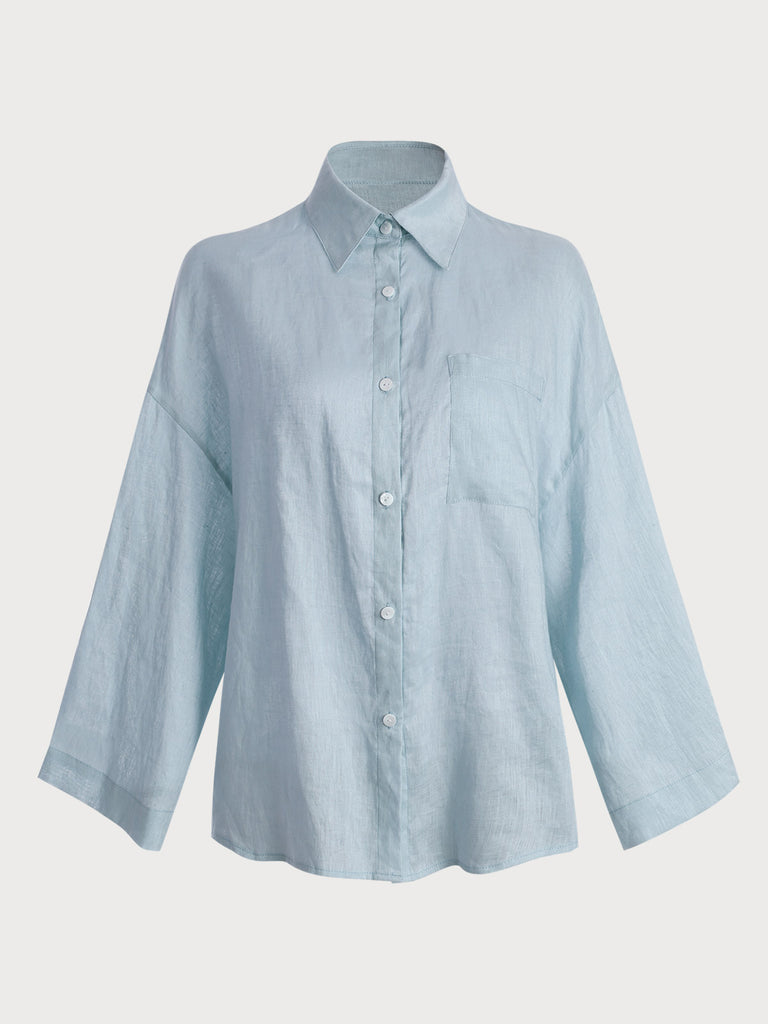 Blue Solid Pocket Flax Shirt Sky Blue Sustainable Loungewear - BERLOOK