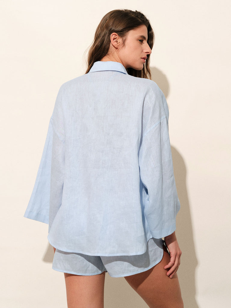Blue Solid Pocket Flax Shirt Sustainable Loungewear - BERLOOK
