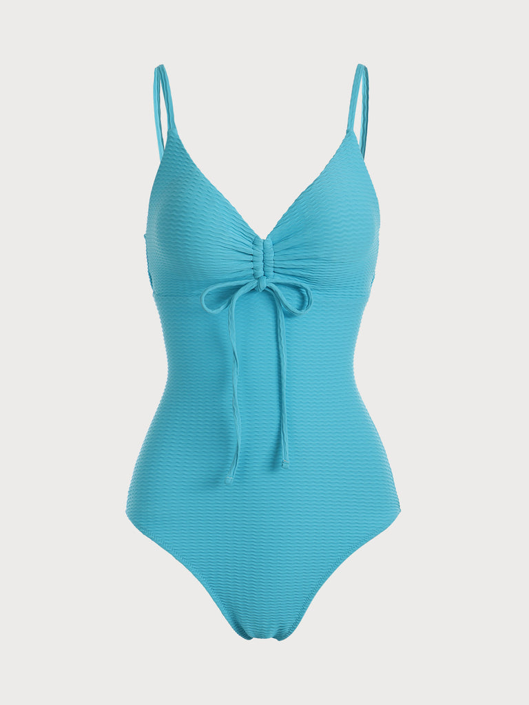 Blue Textured V Neck One-Piece Swimsuit Blue Sustainable One-Pieces - BERLOOK