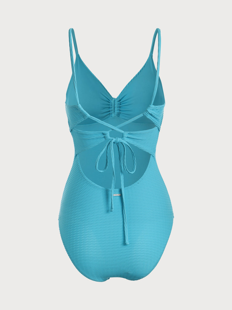Blue Textured V Neck One-Piece Swimsuit Sustainable One-Pieces - BERLOOK