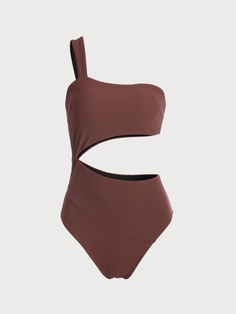 Coffee One Shoulder Cut Out One-Piece Swimsuit Coffee Sustainable One-Pieces - BERLOOK