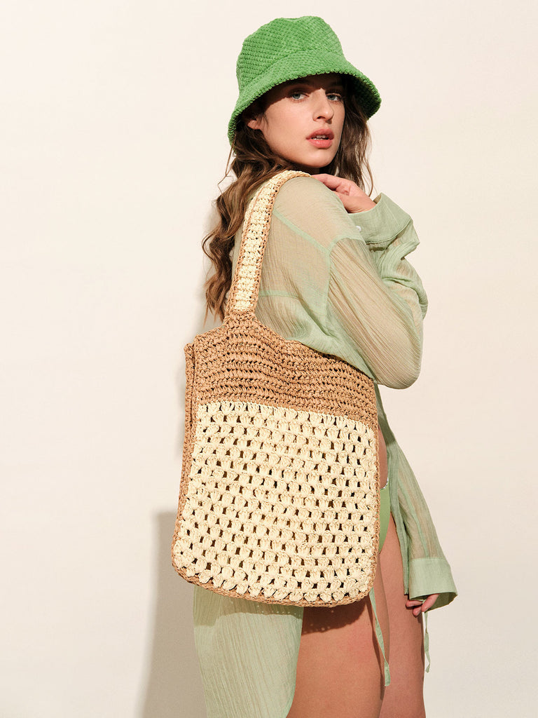 Color Block Straw Bag Khaki Sustainable Bags - BERLOOK
