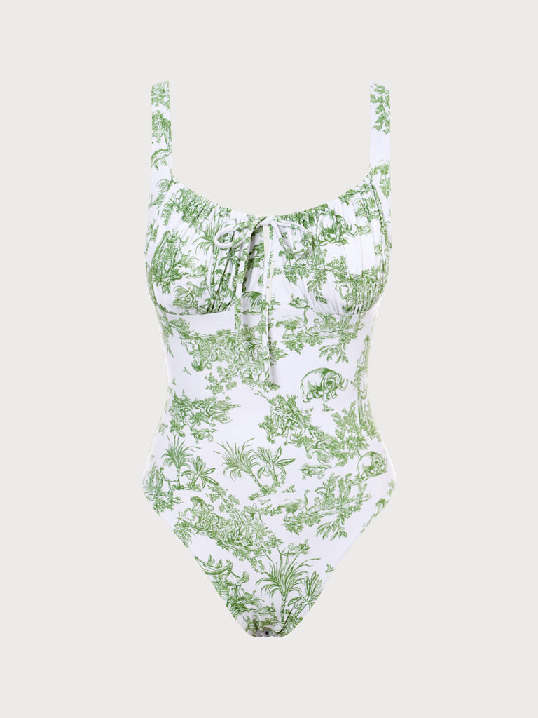 Floral Ruched One-Piece Swimsuit Green Sustainable One-Pieces - BERLOOK