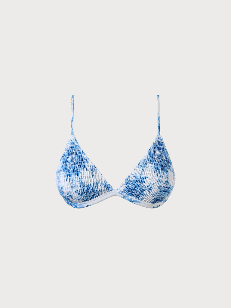 Floral Shirred Triangle Bikini Top Blue Sustainable Bikinis - BERLOOK