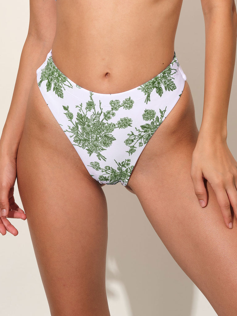 Green Floral Middle Waist Bikini Bottom Green Sustainable Bikinis - BERLOOK