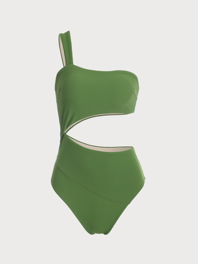 Green One Shoulder Cut Out One-Piece Swimsuit Green Sustainable One-Pieces - BERLOOK