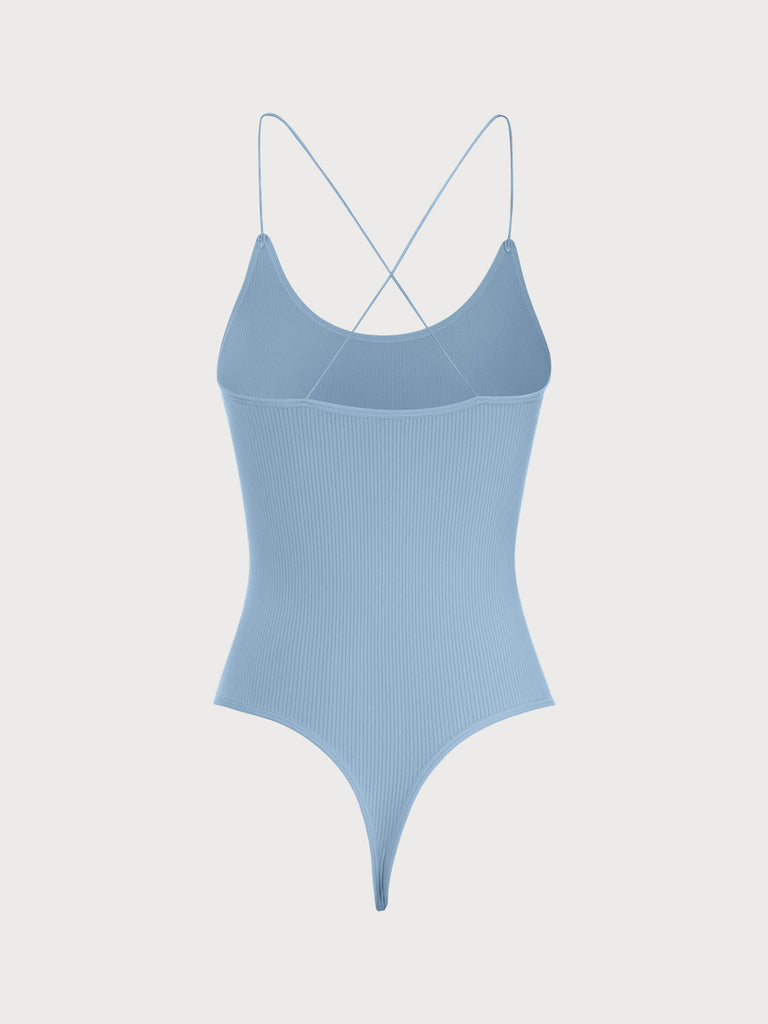 Light Blue Criss-Cross Backless Sleeveless Bodysuit Sustainable Bodysuits - BERLOOK