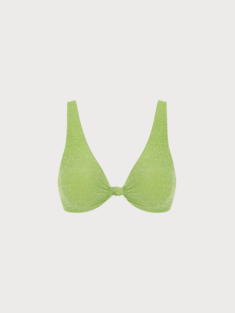 Lurex Knot Front Bikini Top Light Green Sustainable Bikinis - BERLOOK