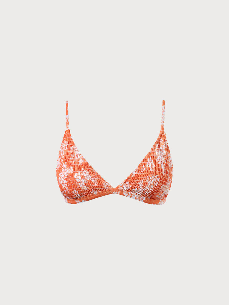 Orange Floral Shirred Triangle Bikini Top Orange Sustainable Bikinis - BERLOOK