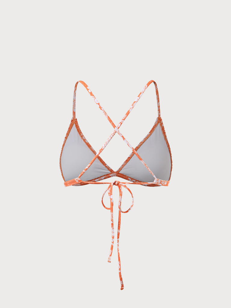 Orange Floral Shirred Triangle Bikini Top Sustainable Bikinis - BERLOOK