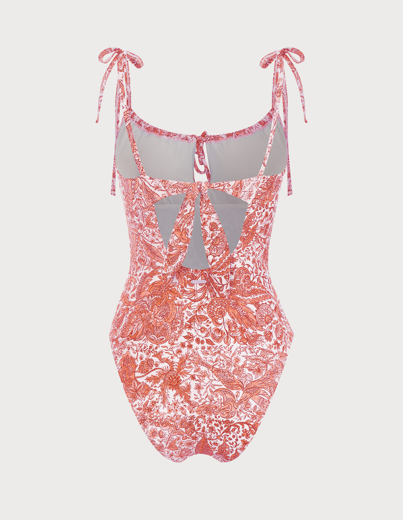Red Retro Floral Drawstring Ruched One-Piece Swimsuit Sustainable One-Pieces - BERLOOK
