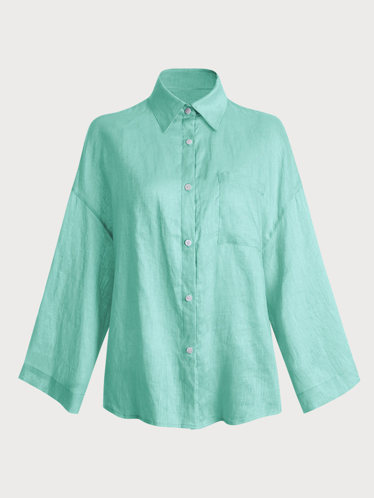 Solid Pocket Flax Shirt Cyan Sustainable Cover-ups - BERLOOK