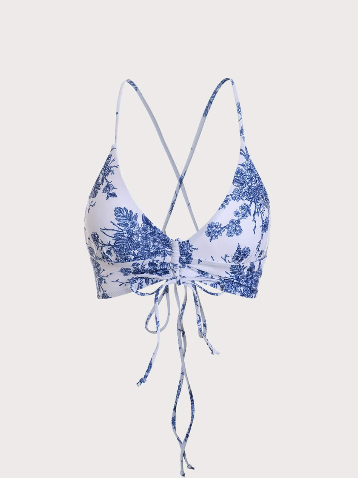 Backless Floral Bikini Top & Reviews - Blue - Sustainable Bikinis