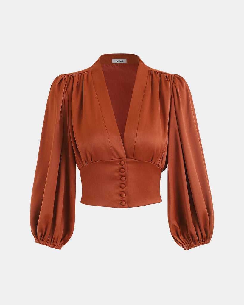 BERLOOK - Sustainable Blouses&Shirts _ Brick Red / XS Samiol The Balloon Sleeves Satin Crop Blouse