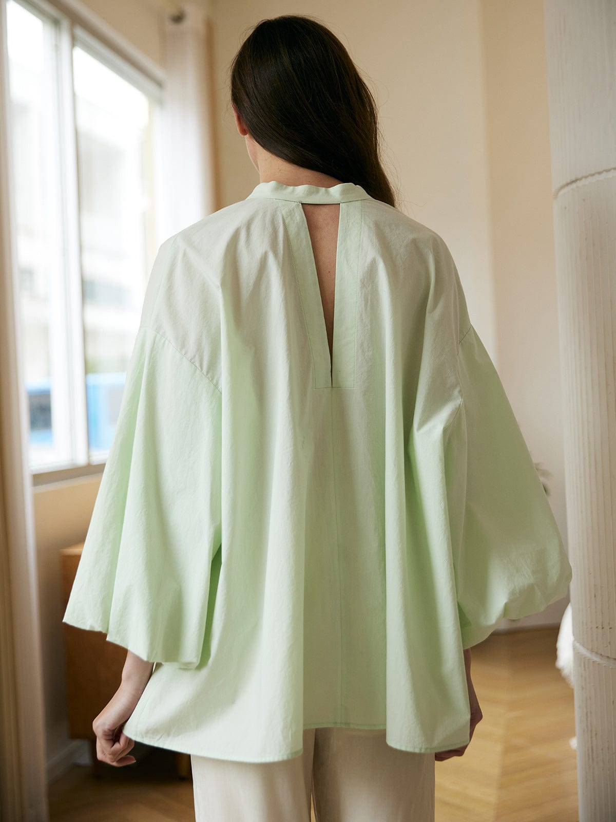 Cutout Back Lantern Sleeve Blouse & Reviews - Green - Sustainable