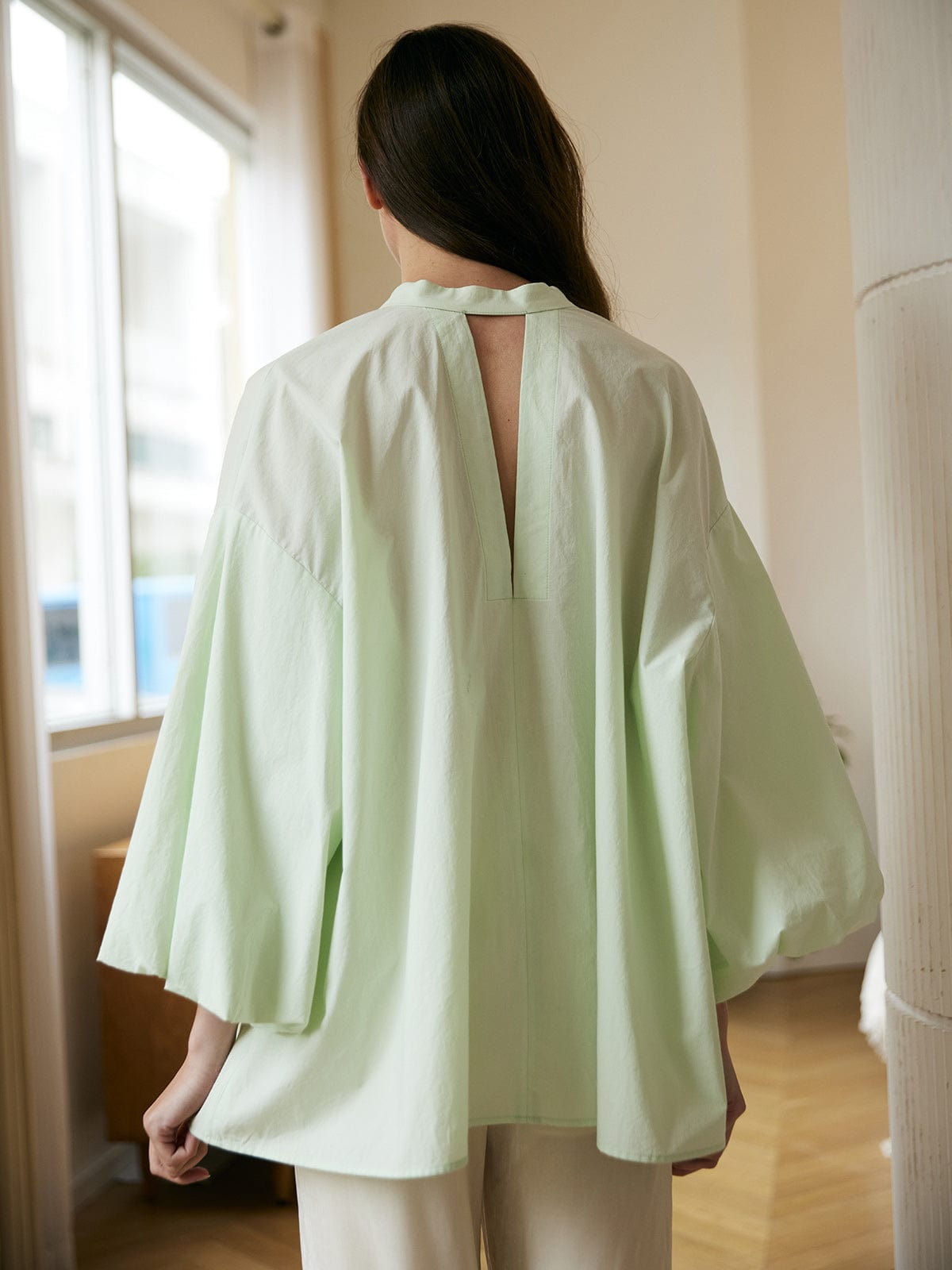 Cutout Back Lantern Sleeve Blouse & Reviews - Green - Sustainable Tops