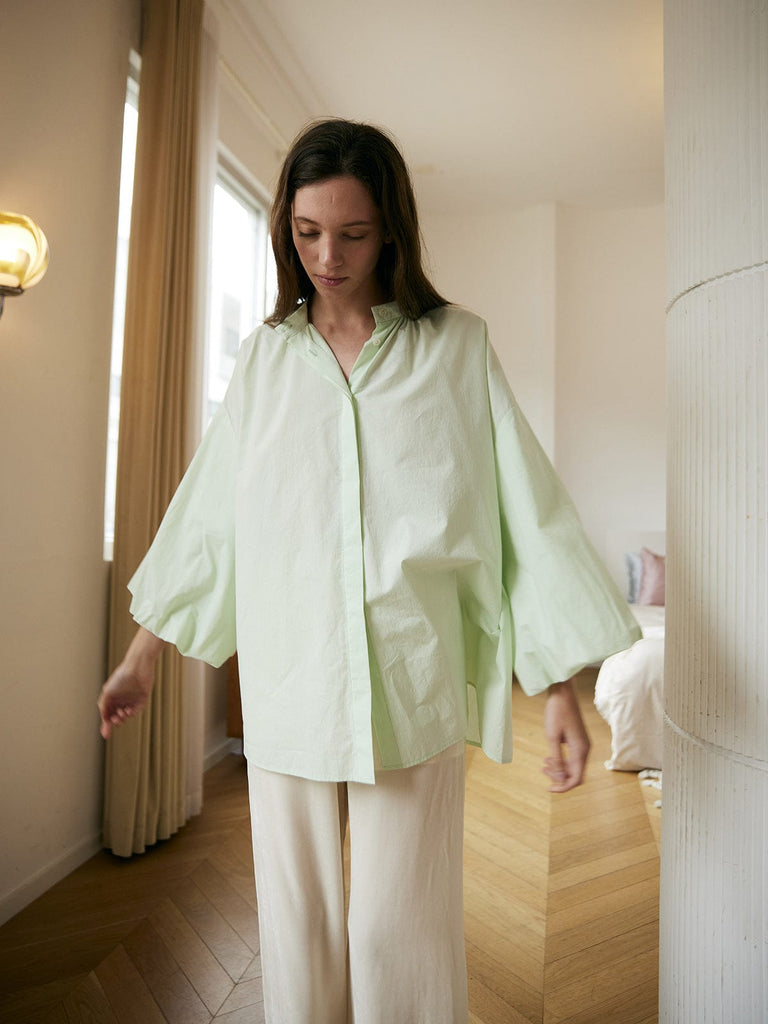 BERLOOK - Sustainable Blouses&Shirts _ Cutout Back Lantern Sleeve Cotton Blouse