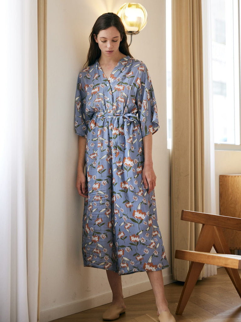 BERLOOK - Sustainable Jumpsuits _ Blue / S Floral Print Belt Viscose Jumpsuit