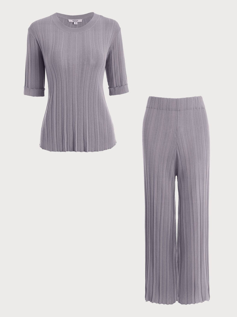 BERLOOK - Sustainable Loungewear Sets _ Purple Grey / S Solid Ribbed Knit Loungewear Set
