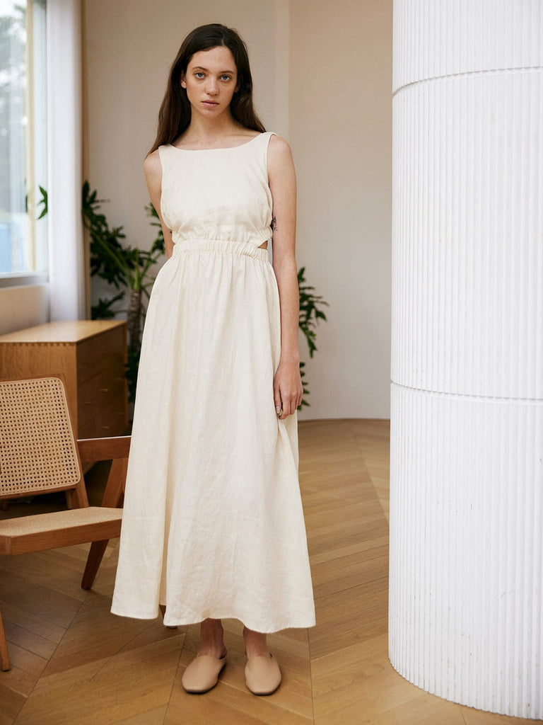 BERLOOK - Sustainable Maxi Dresses _ Beige / S Backless Cutout Linen Maxi Dress