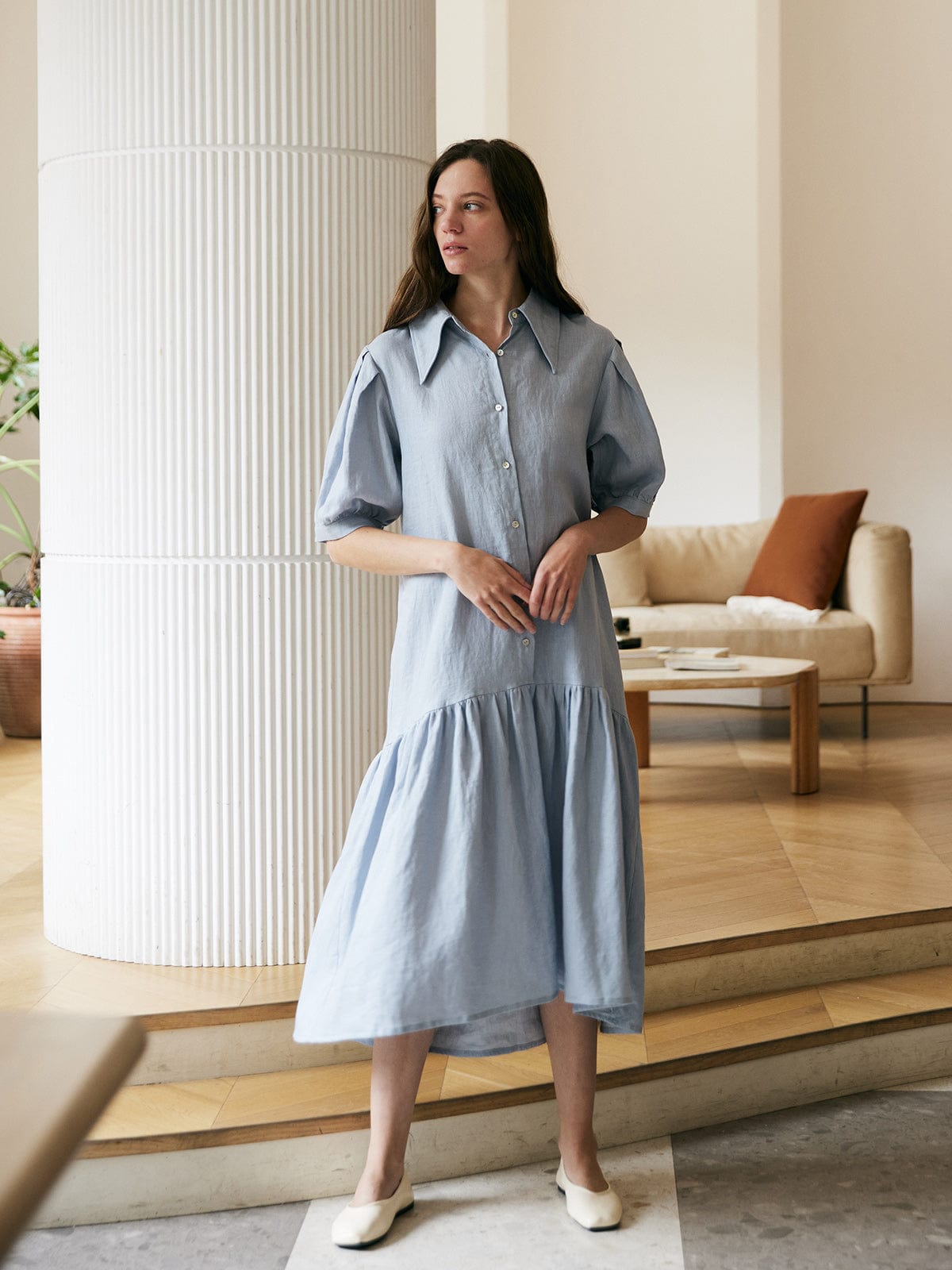 Ruffle Hem Linen Shirt Dress