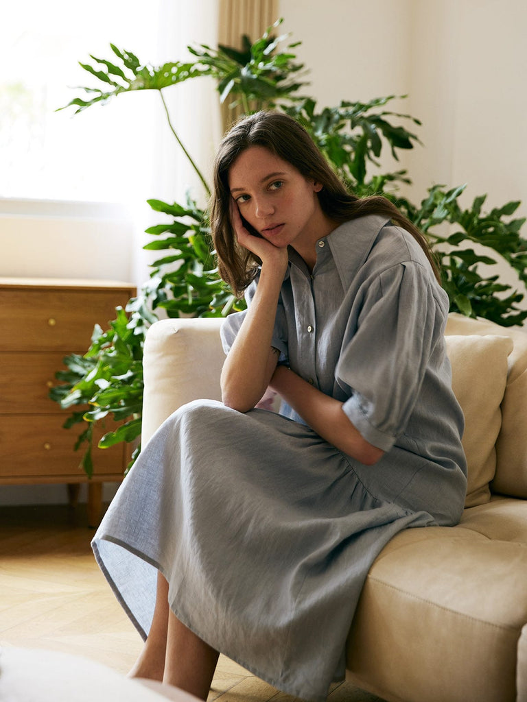 BERLOOK - Sustainable Midi Dresses _ Ruffle Hem Linen Shirt Dress