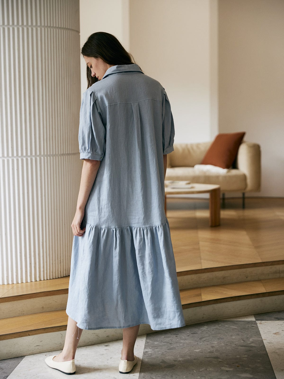 Ruffle Hem Linen Shirt Dress