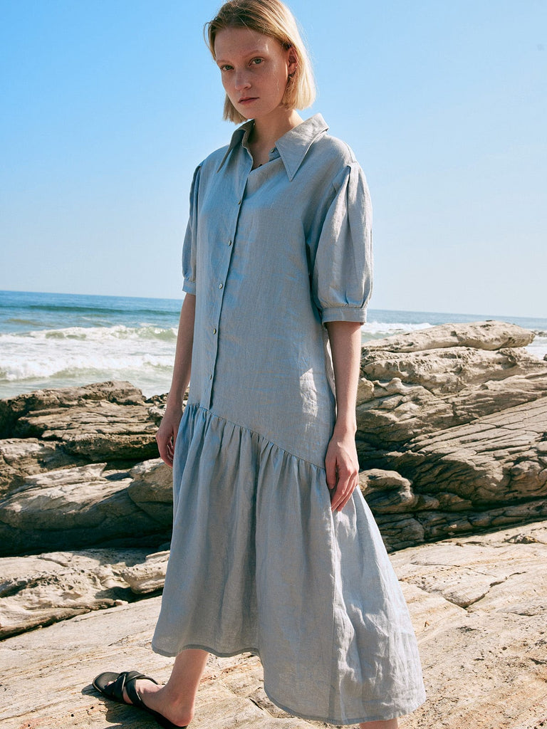 BERLOOK - Sustainable Midi Dresses _ Ruffle Hem Linen Shirt Dress