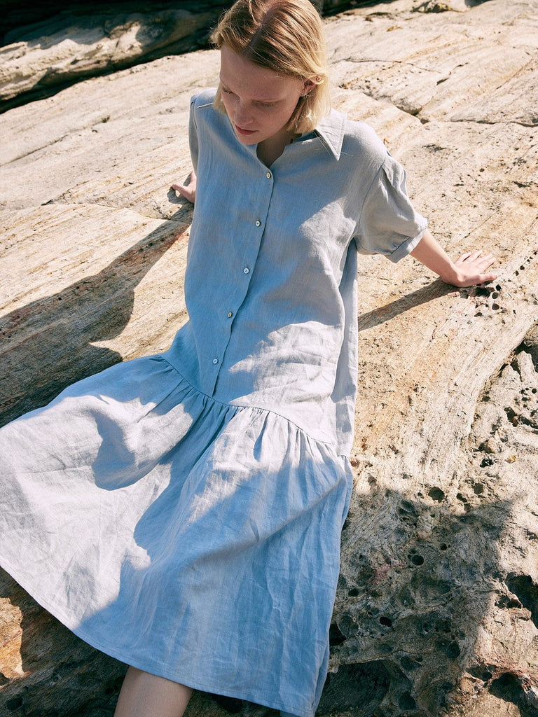 BERLOOK - Sustainable Midi Dresses _ Ruffle Hem Linen Shirt Dress