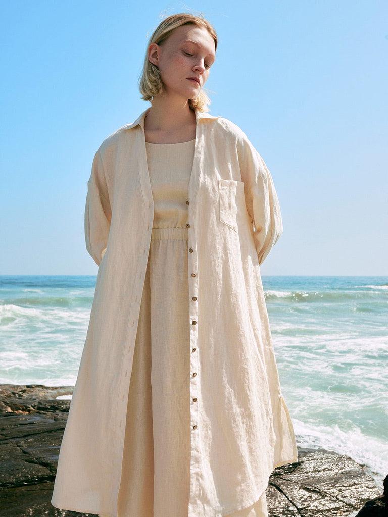 BERLOOK - Sustainable Midi Dresses _ Single Breasted Bandage Linen Midi Dress