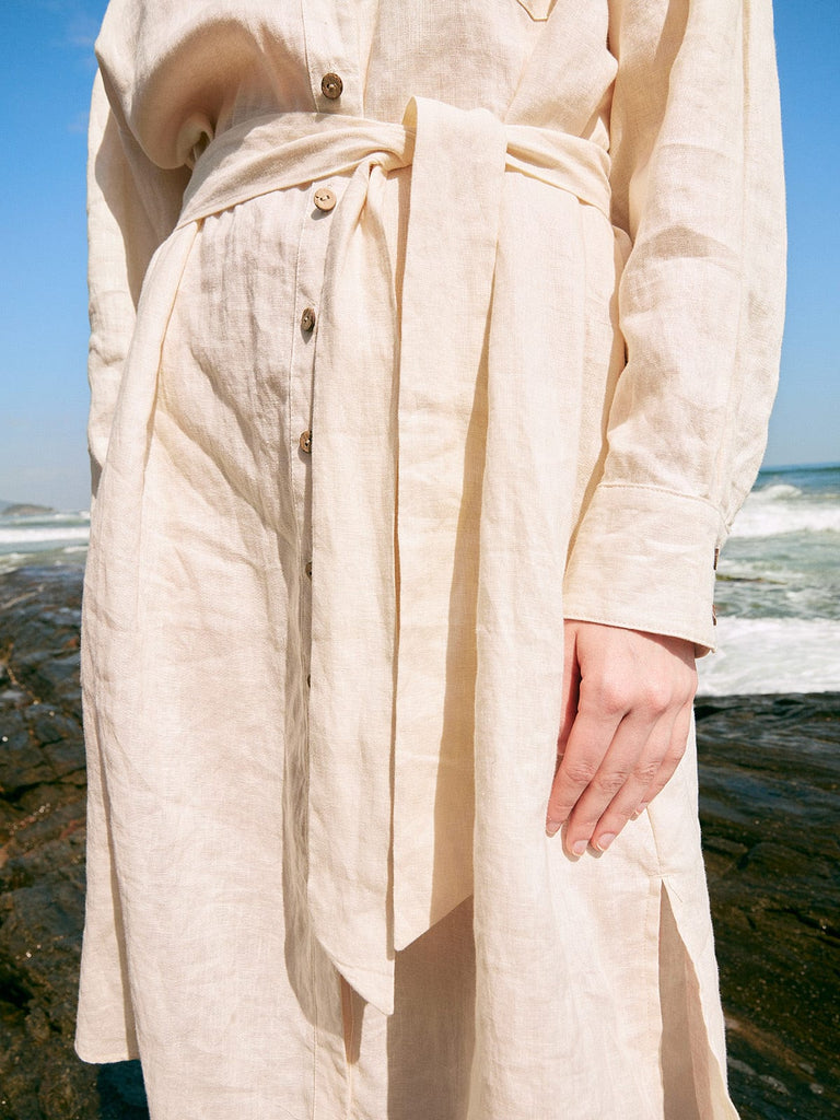 BERLOOK - Sustainable Midi Dresses _ Single Breasted Bandage Linen Midi Dress