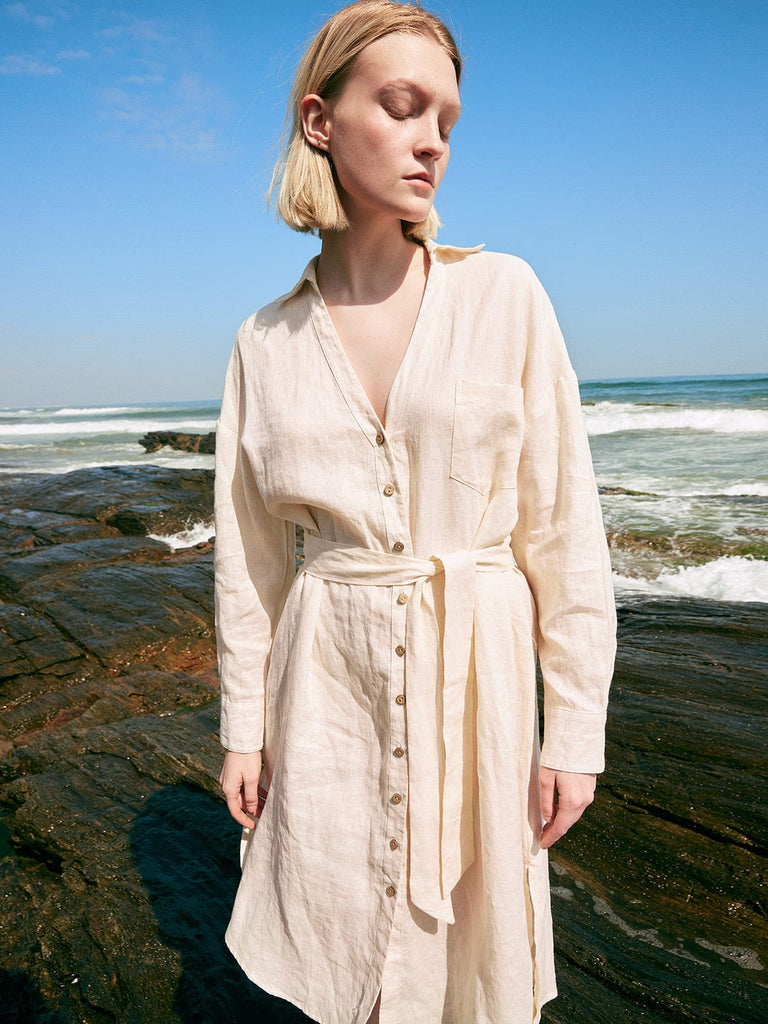 BERLOOK - Sustainable Midi Dresses _ Single Breasted Bandage Linen Midi Dress