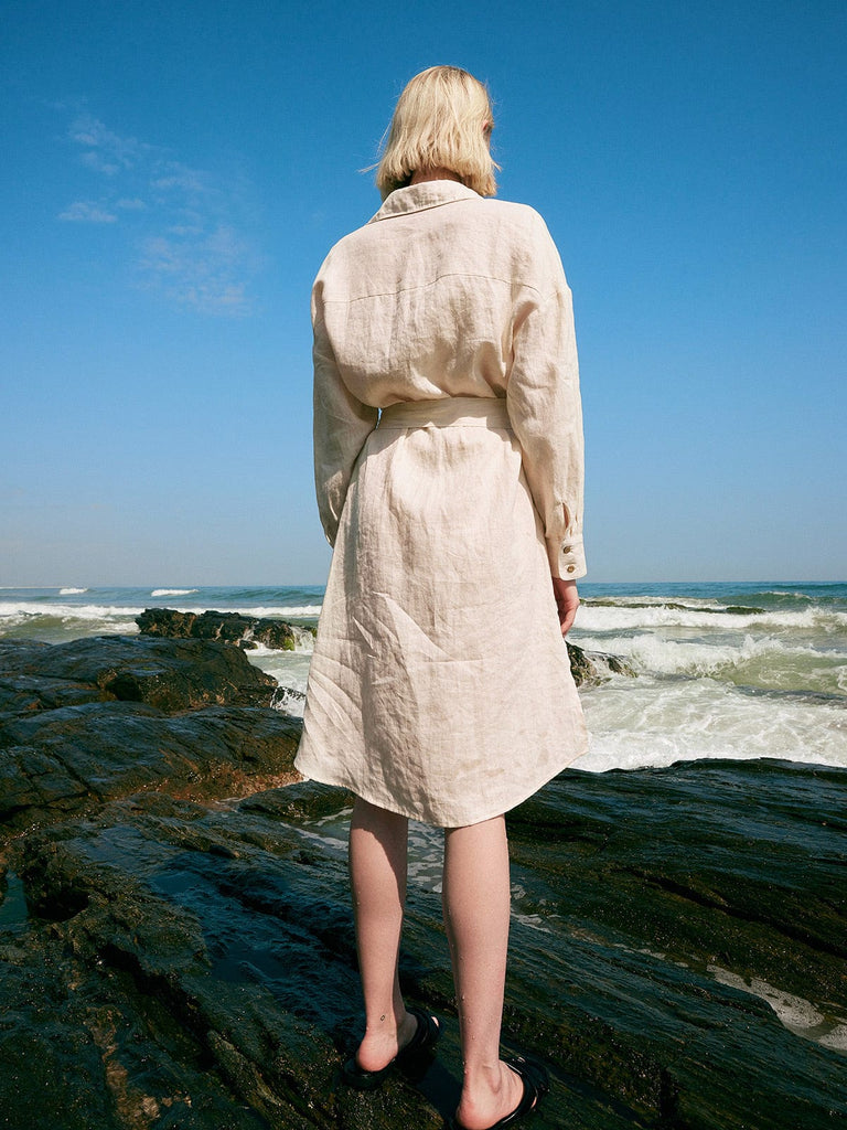 BERLOOK - Sustainable Midi Dresses _ Single Breasted Bandage Linen Midi Dress